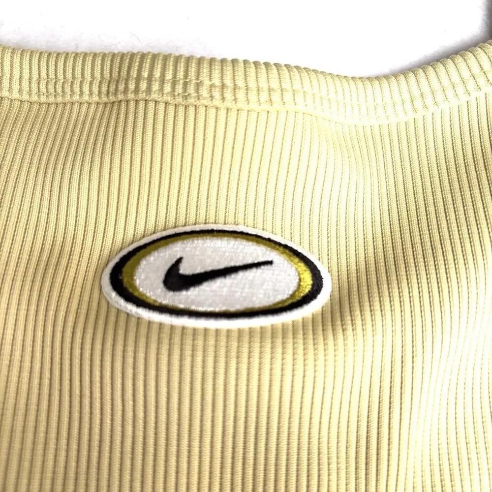 NIKE Ribbed Tank Cami Top Size S Yellow Cropped Lettuce Hem Center Swoosh